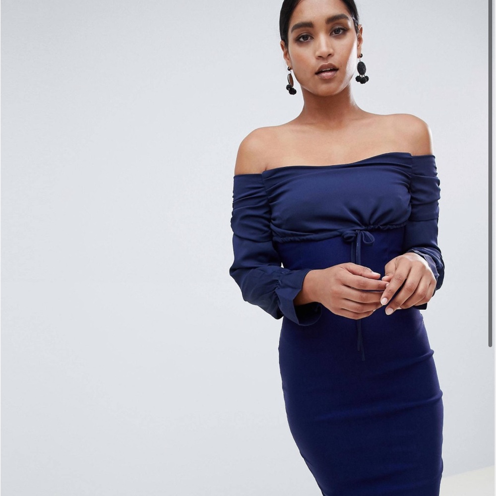 Vesper long sleeve bardot dress with tie detail